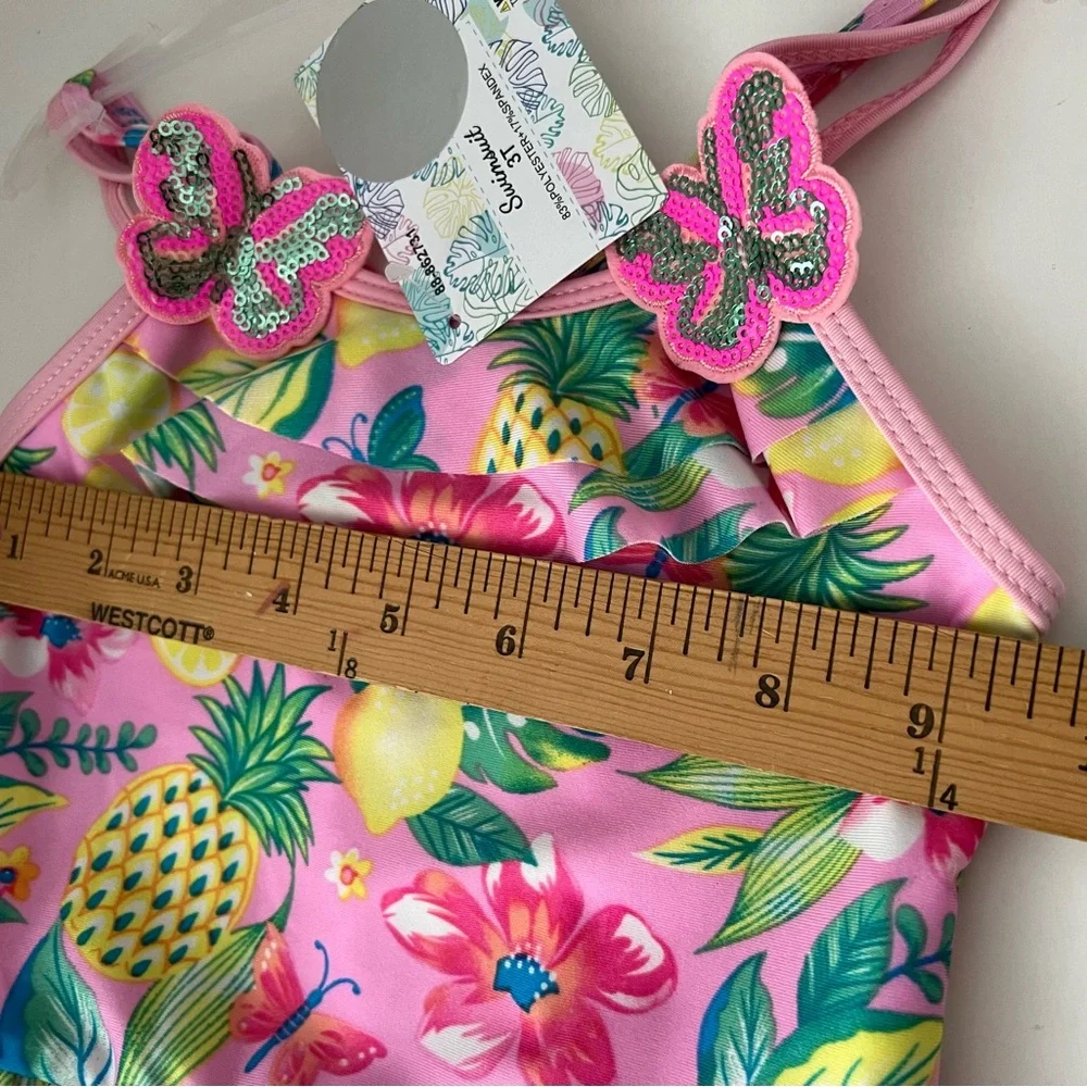 Momentum Brands Toddler Girl Size 3T 1-Piece Pink Floral Swimsuit Ruffle Stretch